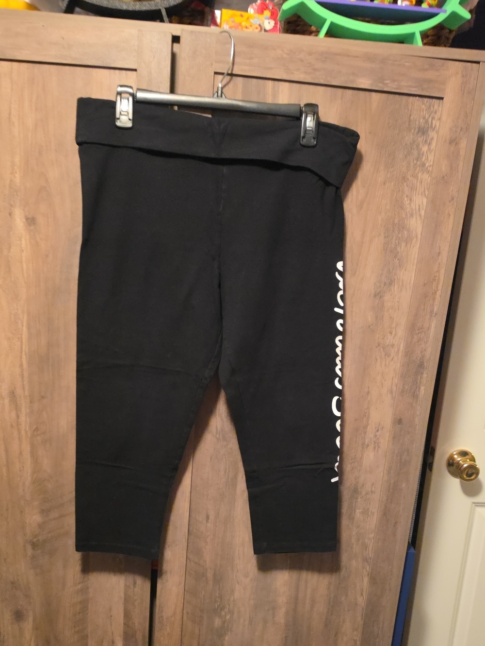 Victoria's Secret Black Fold-Over Waist Capri Leggings with Side Script